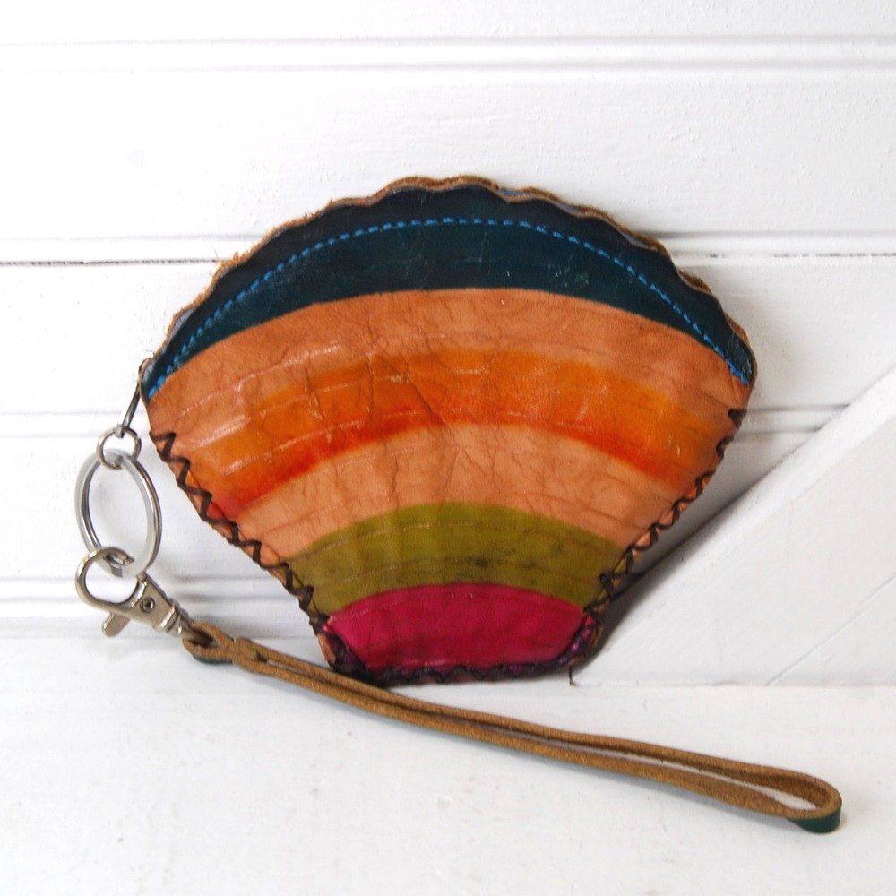 Vintage leather Coin Purse‎ Sea Shell Panama City Beach Florida Money Holder